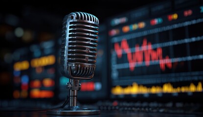 Retro Microphone Captures Market Volatility in Dramatic Studio Setting