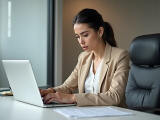 Woman working on laptop in office desk computer