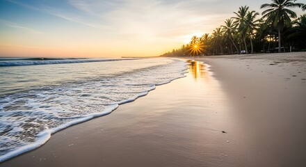 Golden Sunrise Beach: Palm Trees Silhouetted Against Sunburst Sky, Serene Coastal Scene.