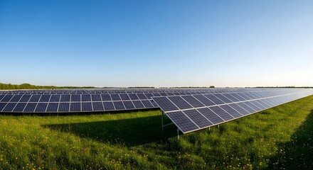 Solar Panel Array in Meadow Under Clear Blue Sky, Renewable Energy