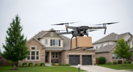 Drone Delivery: Package Hovering Over Suburban Home, Modern Logistics