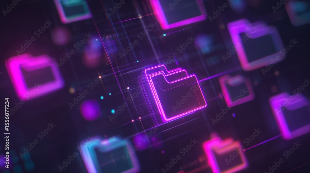 Poster abstract network grid with files and folders, futuristic software interface, digital document manage