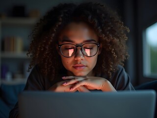 Young woman with curly hair wearing glasses focused on laptop screen image
