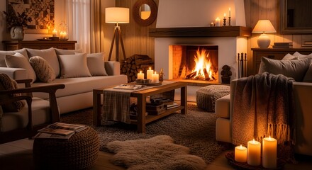 Cozy Cabin Living Room: Warm Firelight, Candles, and Plush Textures