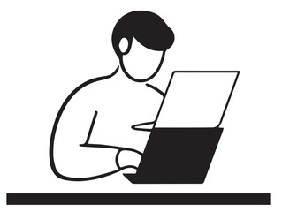 A minimalist vector illustration depicting a person with short hair working on a laptop, emphasizing focus and digital activity.