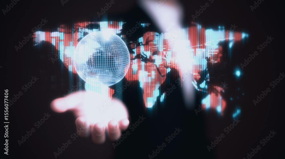 Poster global vision: a futuristic tableau depicts a person holding a luminous globe with a world map overl