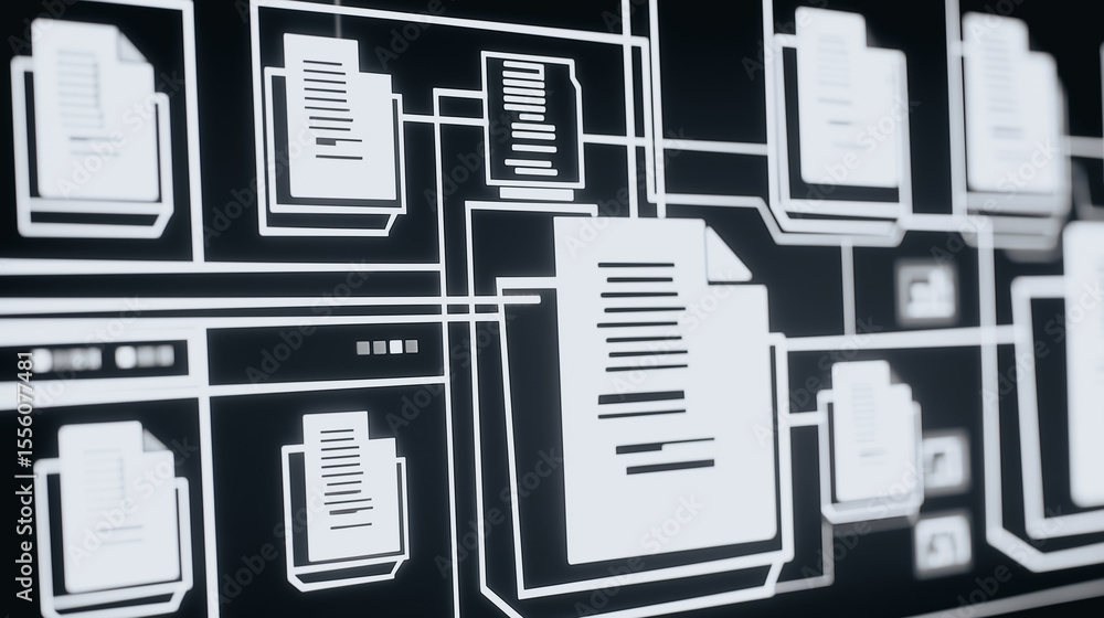 Poster data network: digital document flow: a network of digital documents and files interconnects, symboli