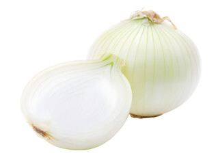 Two White Onions Studio Shot One Whole Onion and One Halved Onion Closeup View Showing Layers and Texture Isolated Against white Background Detailed Image of White Onion