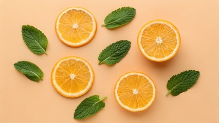 Fototapeta premium Fresh orange slices and green mint leaves are arranged on a peach background, creating a vibrant and refreshing composition.