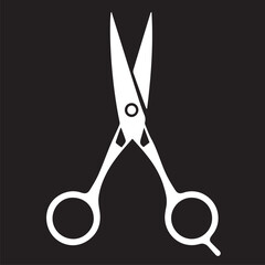 A clean, minimalist vector illustration of white open scissors against a black background, perfect for representing hair cutting, tailoring, or crafts.