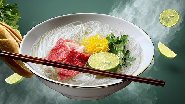 Bowl of fresh rice noodles with herbs, lime, and meat, garnished with vibrant vegetables, surrounded by steam and a rustic bread loaf, showcasing culinary artistry and flavor