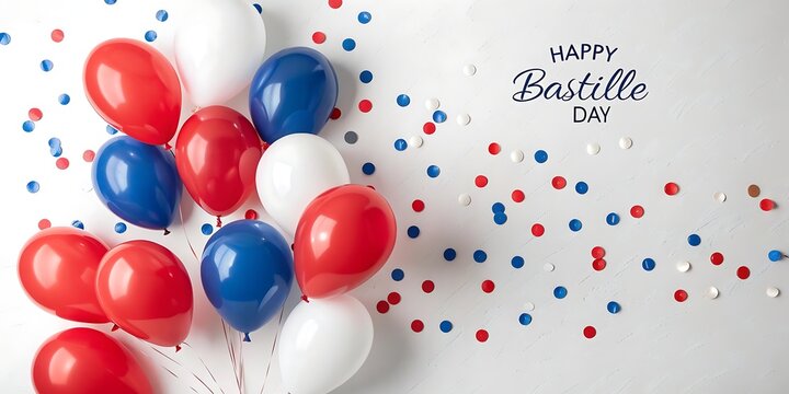 Festive red white and blue balloons and confetti for bastille day celebration