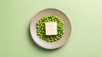 A square block of tofu is surrounded by green edamame beans on a beige plate, set against a light green background.
