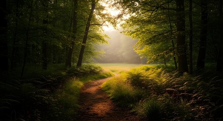 Sunlit Forest Path: Golden Hour Serenity in a Lush Green Woodland