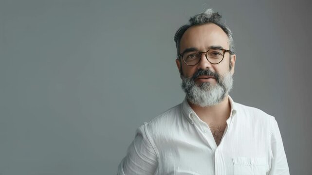Portrait of a mature man with beard and glasses talking to the camera against a gray background in a studio setting