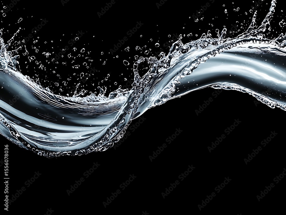 Poster captivating water splash in motion with dynamic swirls and crystal clear streams on a black backgrou