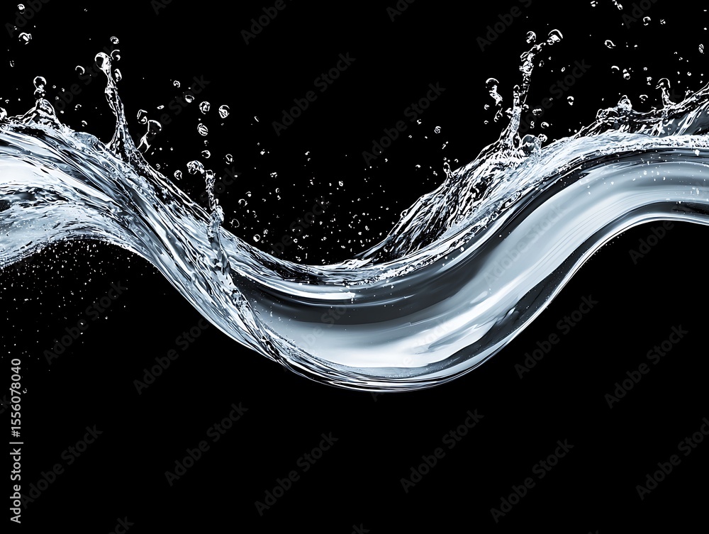 Poster dynamic flow of clear water with splashes against a black background captured in a high-resolution i