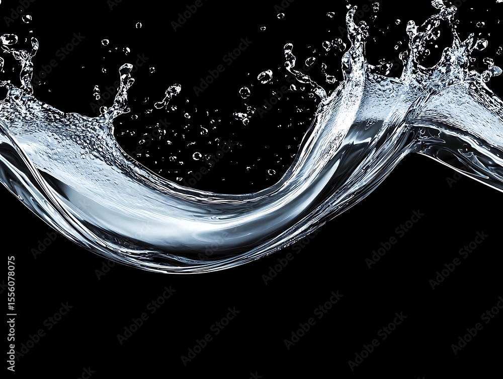 Poster crystal clear water splash with dynamic motion isolated on black background for creative design and 