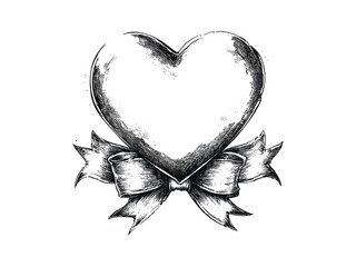 Heart ribbon engraving in vintage style, romantic Valentine’s Day symbol, hand-drawn seasonal decor, black sketch illustration, old engraving technique, antique love art, elegant festive design © Vintage Studio