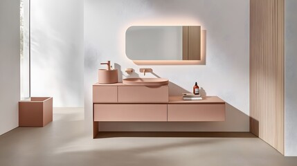Modern Minimalist Bathroom Vanity with Pink Sink and Mirror