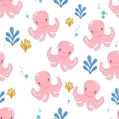 Vector seamless pattern with cute pink octopuses and blue yellow algae. Suitable for childrens textile, swimwear and ocean themed design