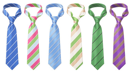 A product photography layout of six colorful neck ties arranged in a horizontal line against a pure white background .