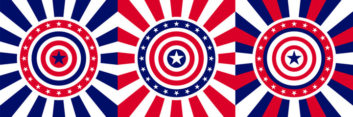 Obraz premium Patriotic star and stripe shield designs with radial and geometric patterns