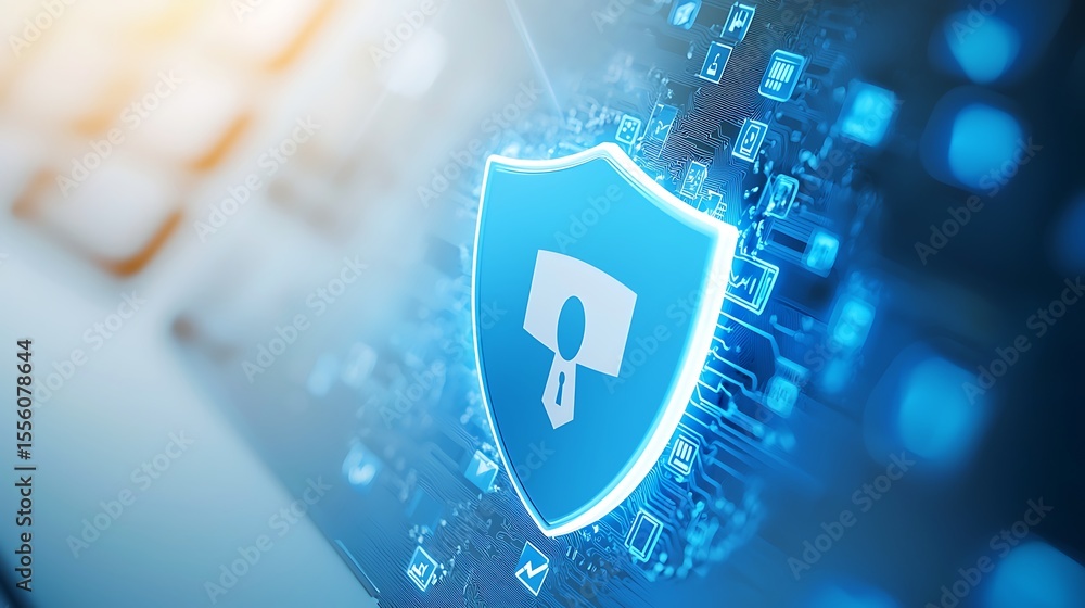 Poster digital security shield icon representing cybersecurity protection and data privacy in a technology 