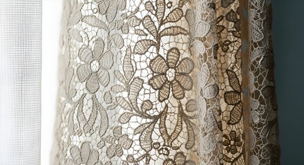Intricate Beige Lace Curtain Draped Near Sheer Window, Soft Light, Detailed Floral Pattern