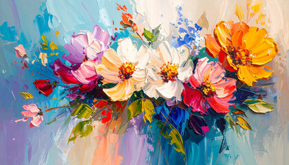 Modern botanical abstraction. Beautiful flowers. Thick acrylic daubs. Hand drawn