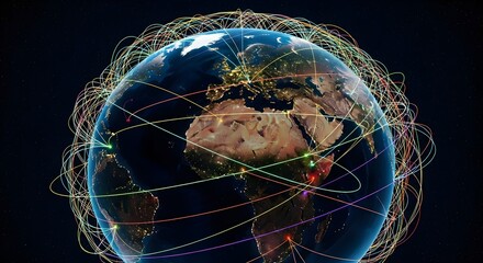 Global Network: Earth with Interconnected Lines, Night Lights, and Starry Background