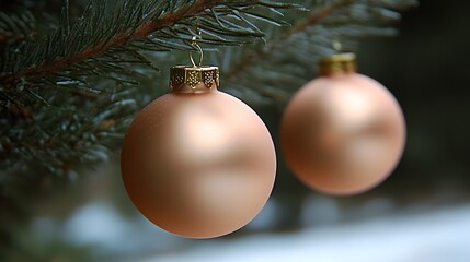 Peach Christmas Ornaments Hanging on Pine Tree Branch