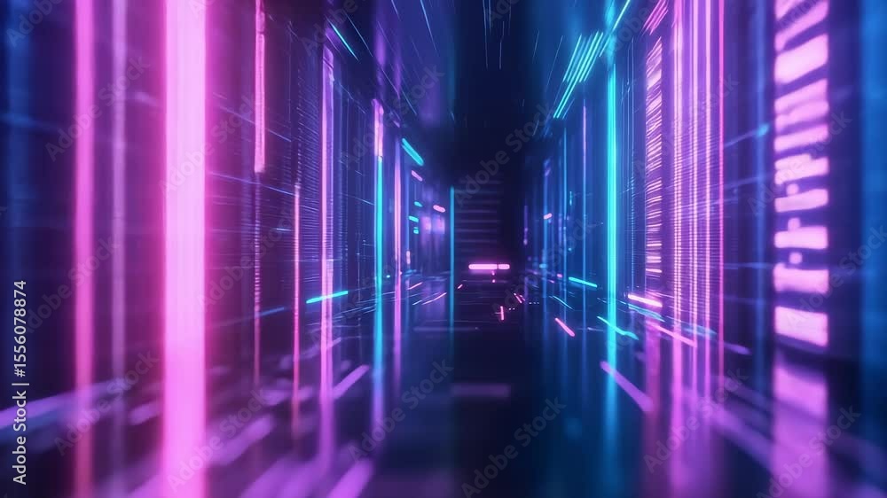 Poster high-speed travel through a colorful futuristic data network tunnel