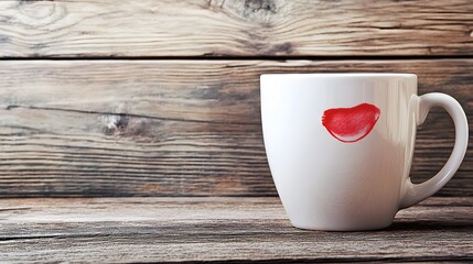 Romantic White Mug with Red Lipstick Kiss on Rustic Wooden Table
