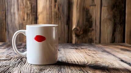Romantic White Mug with Red Lipstick Kiss Mark on Rustic Wooden Table