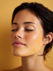 Young caucasian female with honey face mask on yellow background.