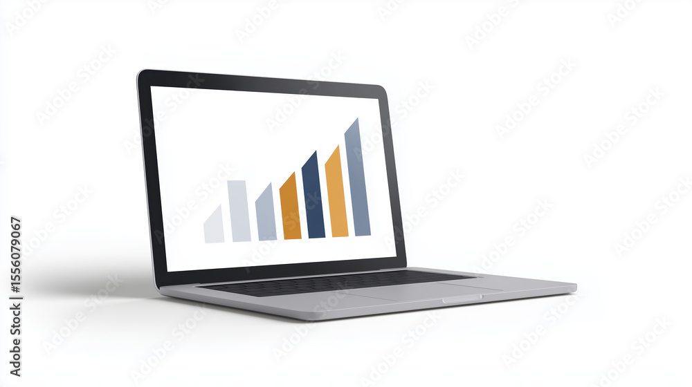 Poster laptop mock up displaying a colorful bar graph on the screen, representing growth and progress in a 
