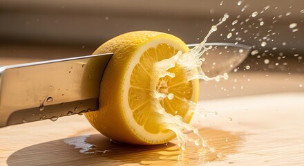 Dynamic Lemon Slice: Knife Cuts Through, Juice Explodes in Sunlit Burst