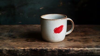 Rustic Wooden Tabletop with Speckled Mug Red Paint Splash