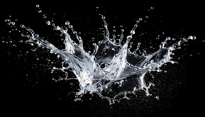 Stunning splash of clear water freezes in motion against a dark black backdrop, creating dramatic and artistic water droplets.