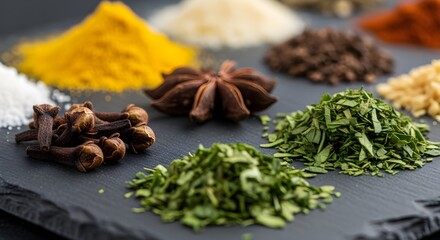 Close-up of Assorted Culinary Spices on Dark Stone Surface