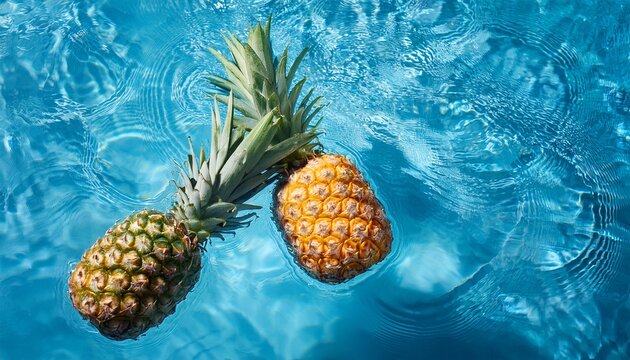 two pineapples floating on bright blue water surface tropical summer concept