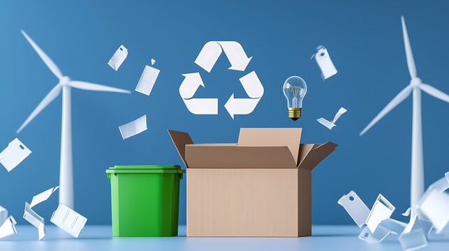 Sustainable Recycling Concept with Cardboard Box, Green Bin, Wind Turbines, and Floating Recyclable Materials - Powered by Adobe