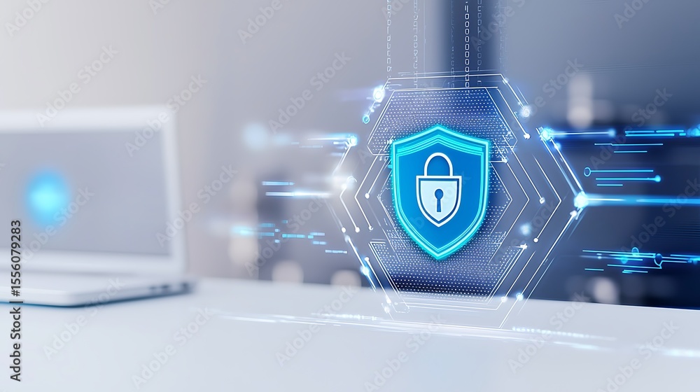 Poster high-tech cybersecurity concept with shield icon and digital elements showcasing data protection in 