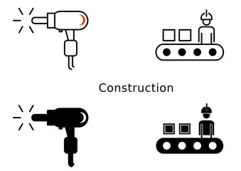 Vector Construction Icons – Drill Tool & Factory Worker Conveyor Set