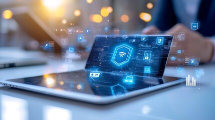 Futuristic Laptop Displaying Digital Security Icons Over Networking Background with Abstract Data Visualization Concept