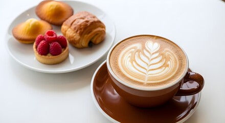 Elegant Coffee Break: Latte Art, Pastries, and Raspberry Tart on White Table