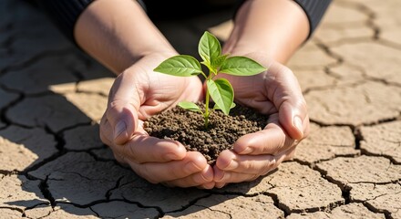 Hopeful Sprout in Cracked Earth: Hands Nurturing New Life