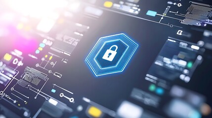Cybersecurity Concept with Digital Lock Icon on Futuristic Background for Protection and Data Security Themes