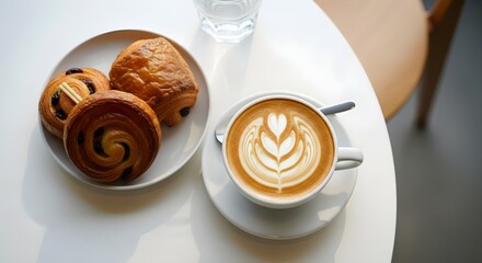 Elegant Coffee Art and Pastries on White Tabletop, Minimalist Cafe Setting